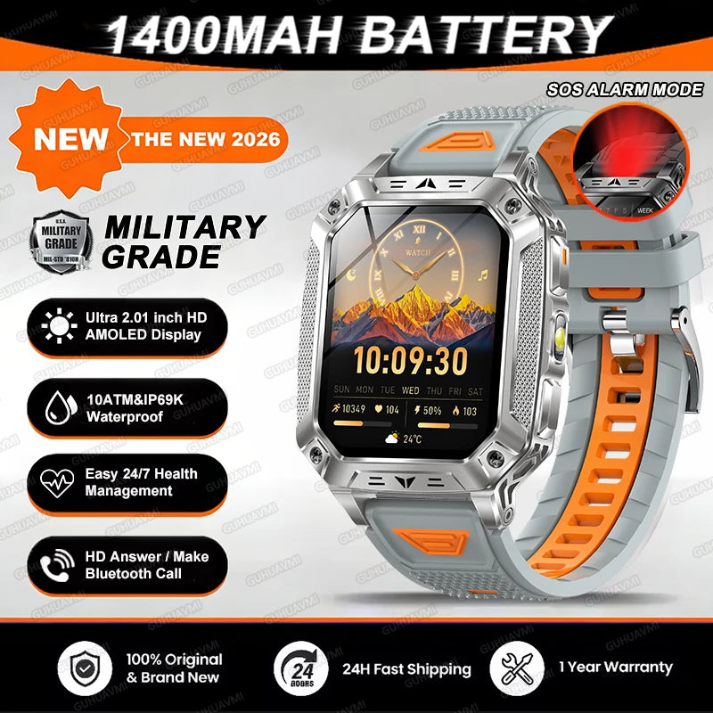2026 TANK New 1400mAh Military GPS Smart Watch Men 2.01" AMOLED Screen 10ATM Waterproof Clock SOS Call Flashlight Smartwatch iOS