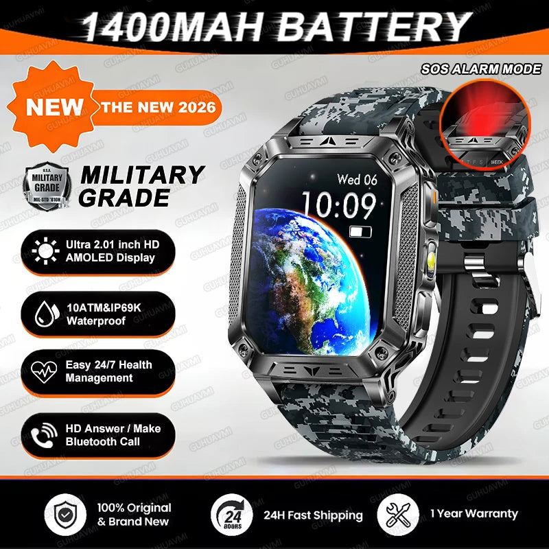 2026 TANK New 1400mAh Military GPS Smart Watch Men 2.01" AMOLED Screen 10ATM Waterproof Clock SOS Call Flashlight Smartwatch iOS