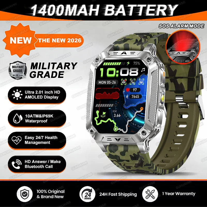 2026 TANK New 1400mAh Military GPS Smart Watch Men 2.01" AMOLED Screen 10ATM Waterproof Clock SOS Call Flashlight Smartwatch iOS