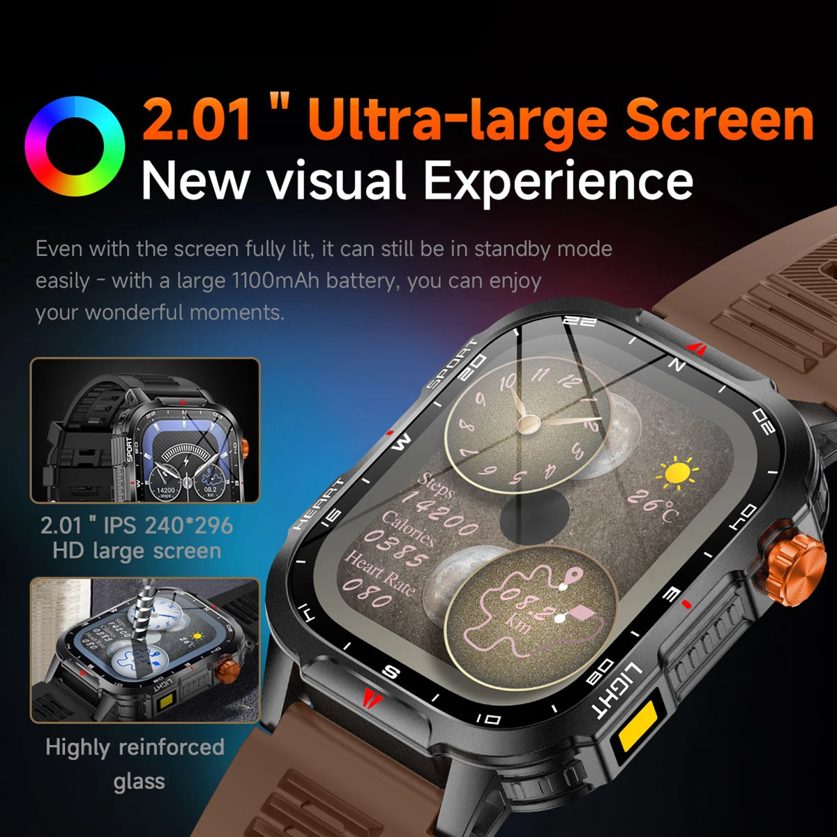 New Global Smartwatch 2.01 Inch 1100mAh Large Battery LED Light Compass Men Outdoor Sport Watch Voice Assistant Wireless Call