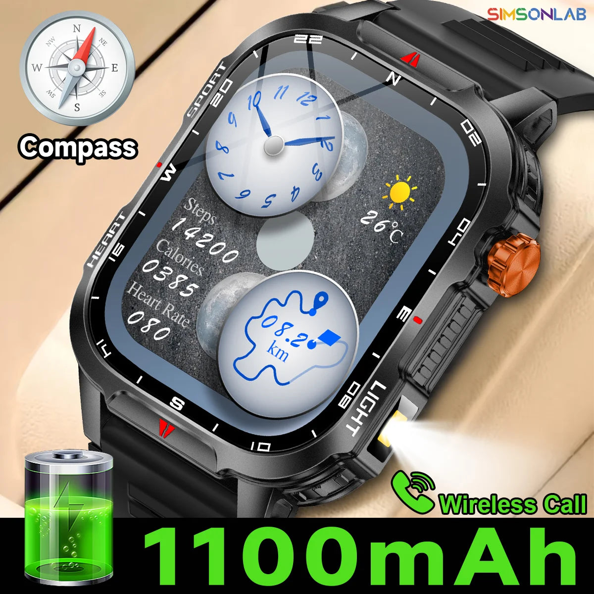 New Global Smartwatch 2.01 Inch 1100mAh Large Battery LED Light Compass Men Outdoor Sport Watch Voice Assistant Wireless Call
