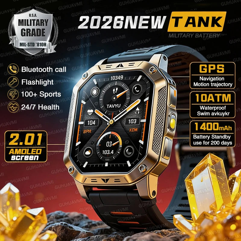 2026 TANK New 1400mAh Military GPS Smart Watch Men 2.01" AMOLED Screen 10ATM Waterproof Clock SOS Call Flashlight Smartwatch iOS