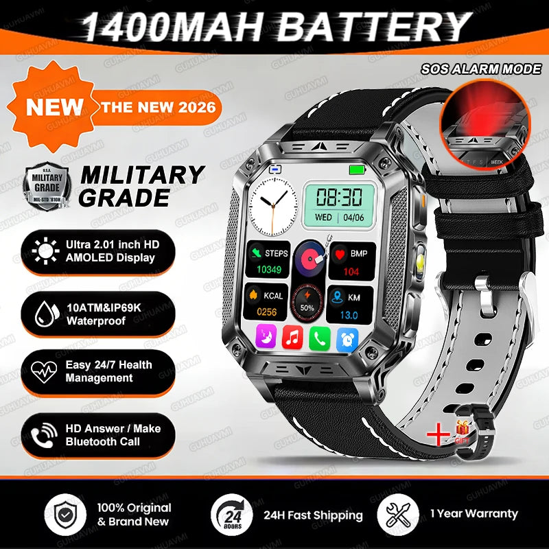 2026 TANK New 1400mAh Military GPS Smart Watch Men 2.01" AMOLED Screen 10ATM Waterproof Clock SOS Call Flashlight Smartwatch iOS