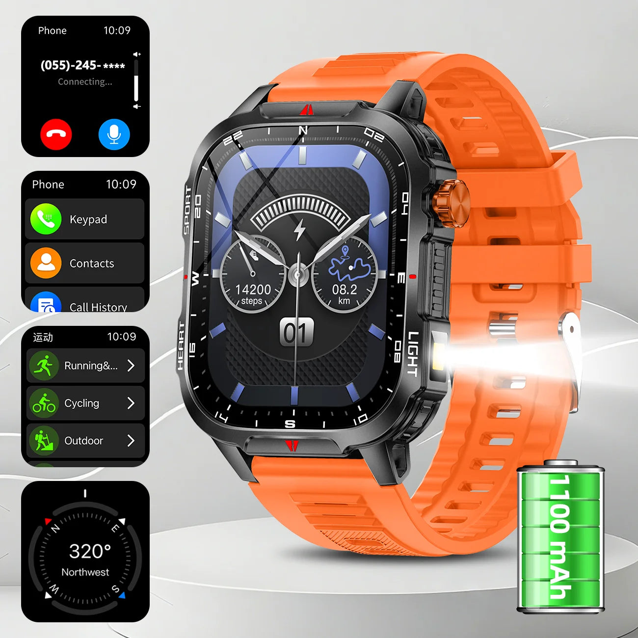 2025 Global Hiking Smartwatch 2.01''Screen 1100mAh Battery LED Light Compass IP68 Voice Assistant Outdoor Sport  Fitness Watch