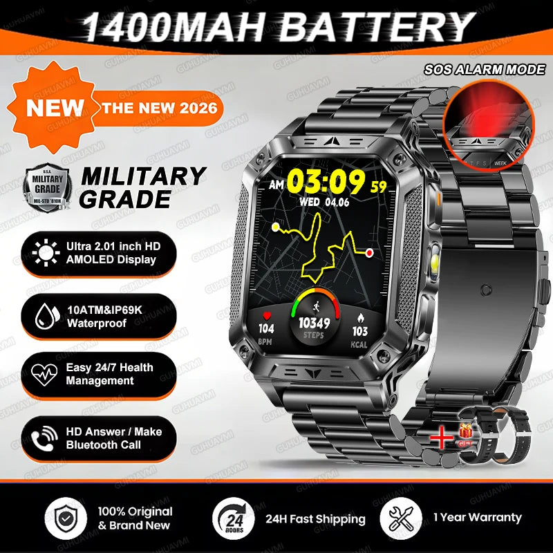 2026 TANK New 1400mAh Military GPS Smart Watch Men 2.01" AMOLED Screen 10ATM Waterproof Clock SOS Call Flashlight Smartwatch iOS