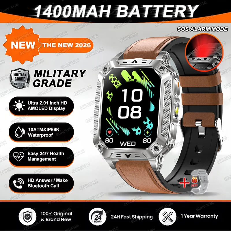2026 TANK New 1400mAh Military GPS Smart Watch Men 2.01" AMOLED Screen 10ATM Waterproof Clock SOS Call Flashlight Smartwatch iOS