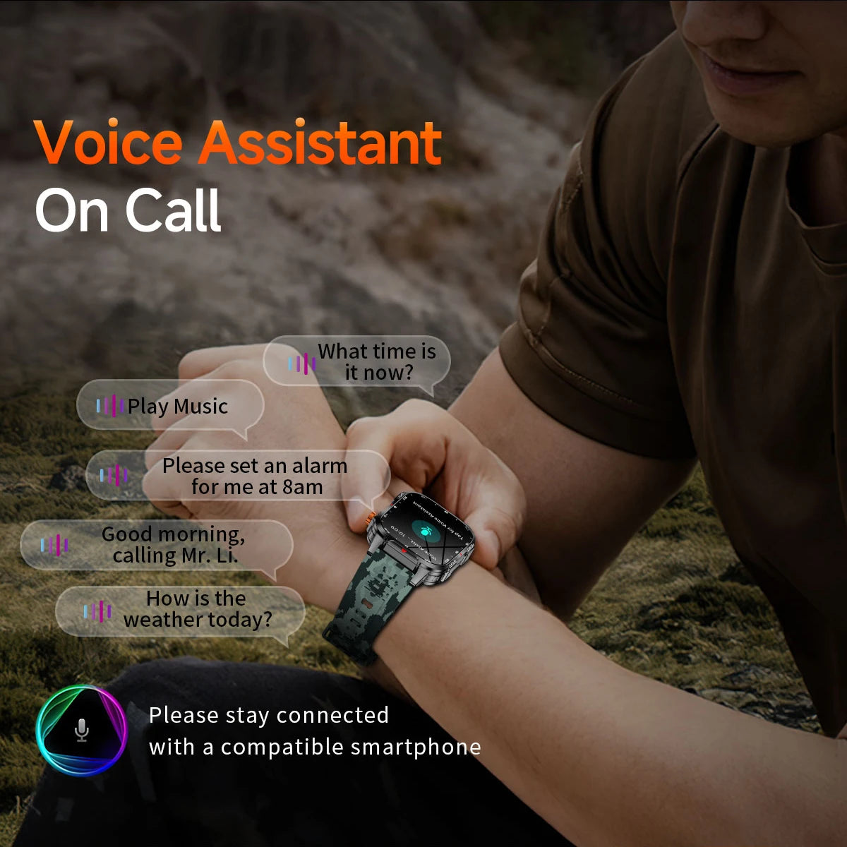 2025 Global Hiking Smartwatch 2.01''Screen 1100mAh Battery LED Light Compass IP68 Voice Assistant Outdoor Sport  Fitness Watch