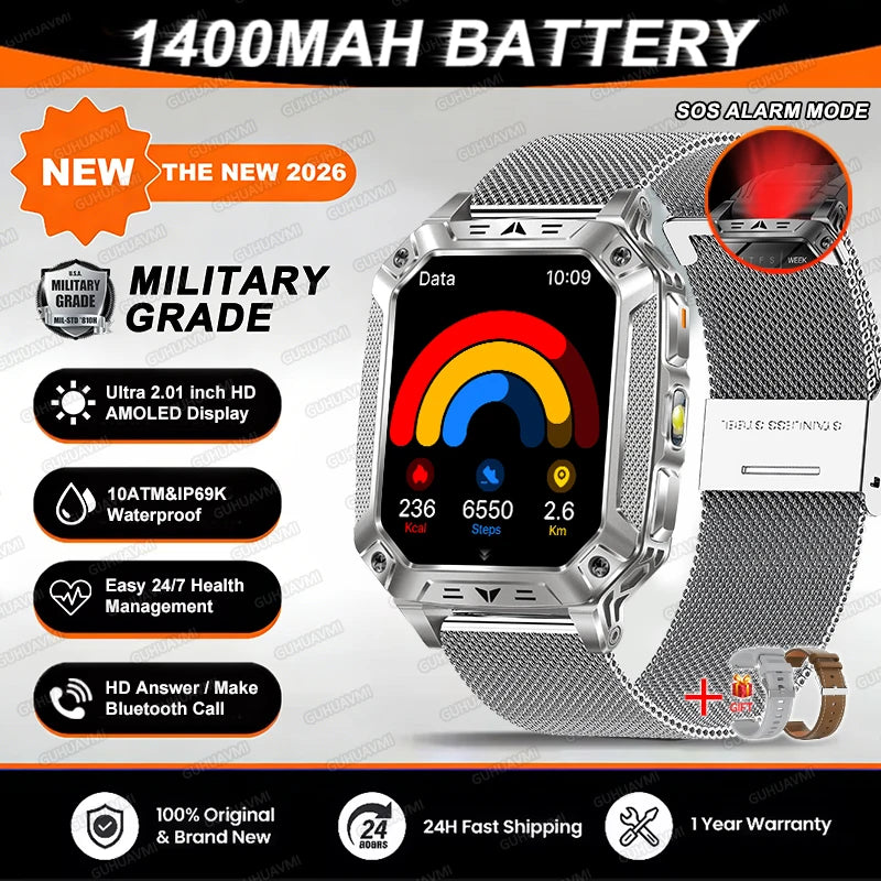2026 TANK New 1400mAh Military GPS Smart Watch Men 2.01" AMOLED Screen 10ATM Waterproof Clock SOS Call Flashlight Smartwatch iOS