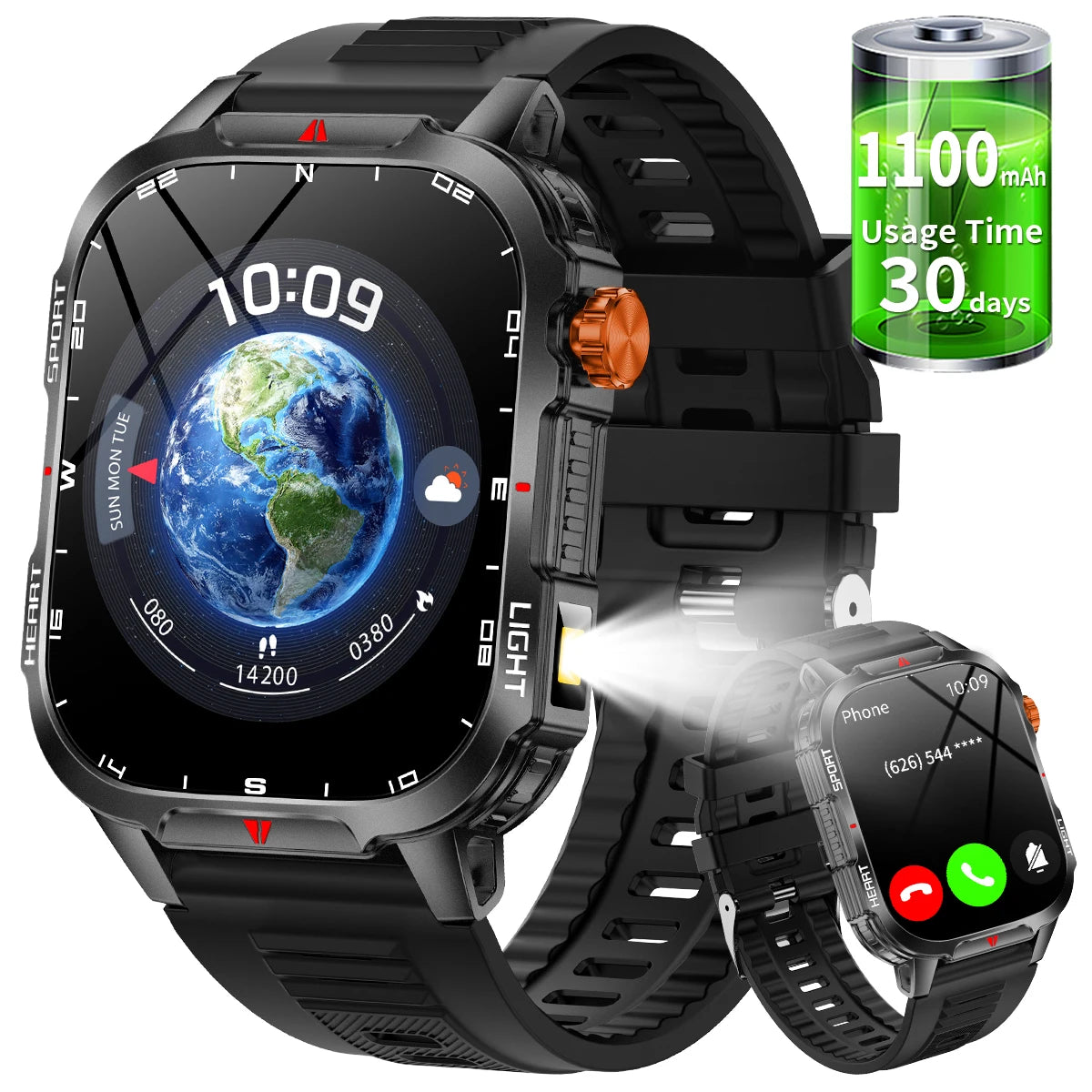 New Global Smartwatch 2.01 Inch 1100mAh Large Battery LED Light Compass Men Outdoor Sport Watch Voice Assistant Wireless Call