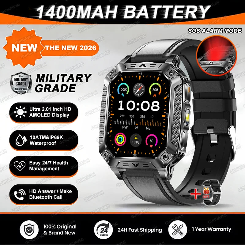 2026 TANK New 1400mAh Military GPS Smart Watch Men 2.01" AMOLED Screen 10ATM Waterproof Clock SOS Call Flashlight Smartwatch iOS