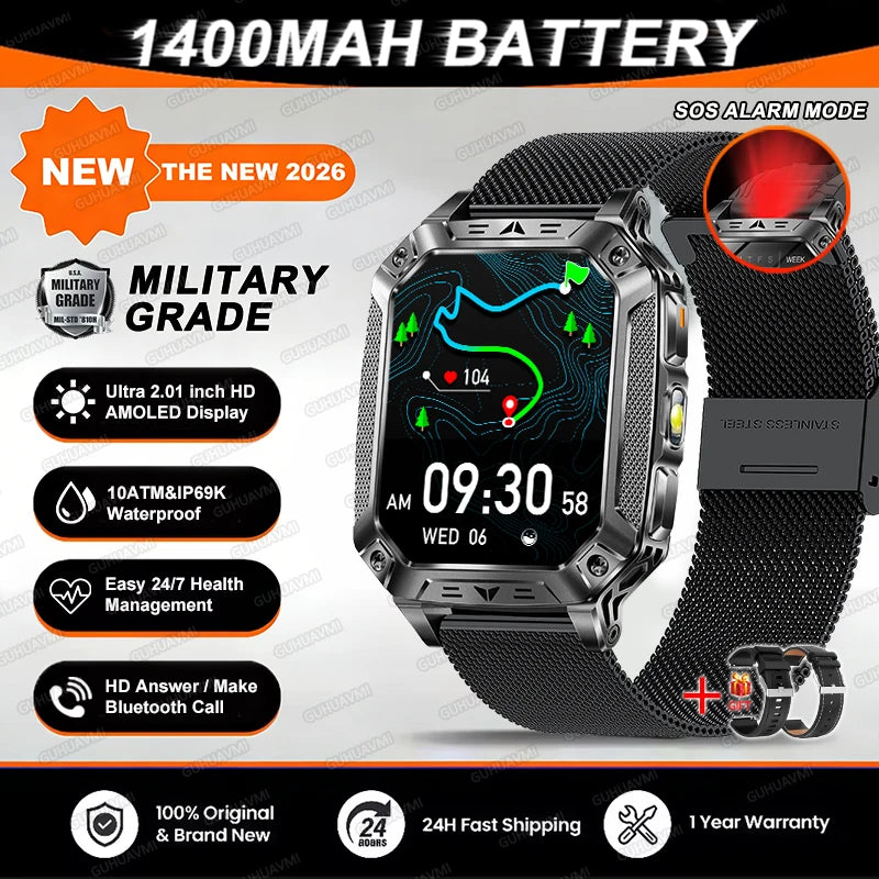 2026 TANK New 1400mAh Military GPS Smart Watch Men 2.01" AMOLED Screen 10ATM Waterproof Clock SOS Call Flashlight Smartwatch iOS