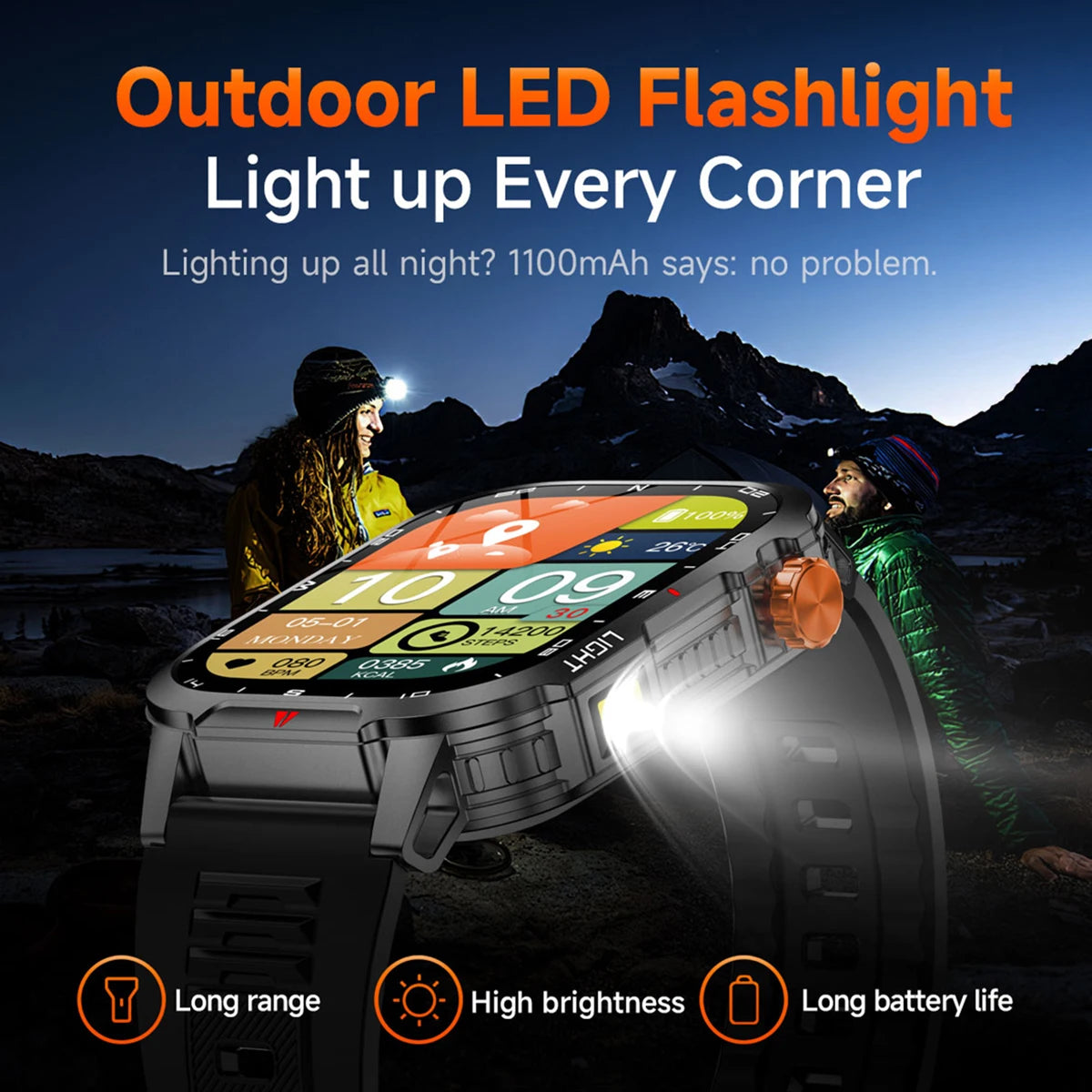 New Global Smartwatch 2.01 Inch 1100mAh Large Battery LED Light Compass Men Outdoor Sport Watch Voice Assistant Wireless Call