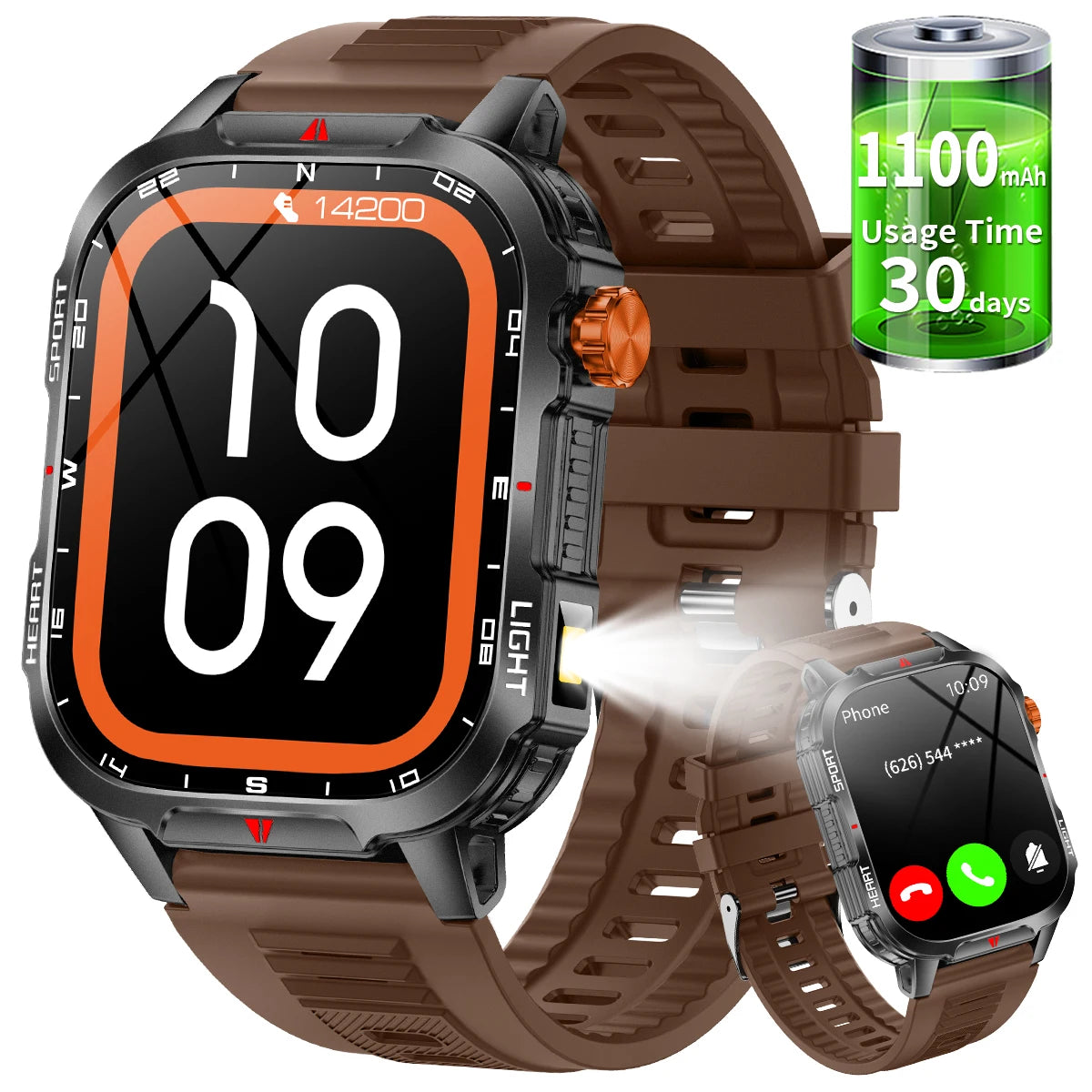 New Global Smartwatch 2.01 Inch 1100mAh Large Battery LED Light Compass Men Outdoor Sport Watch Voice Assistant Wireless Call