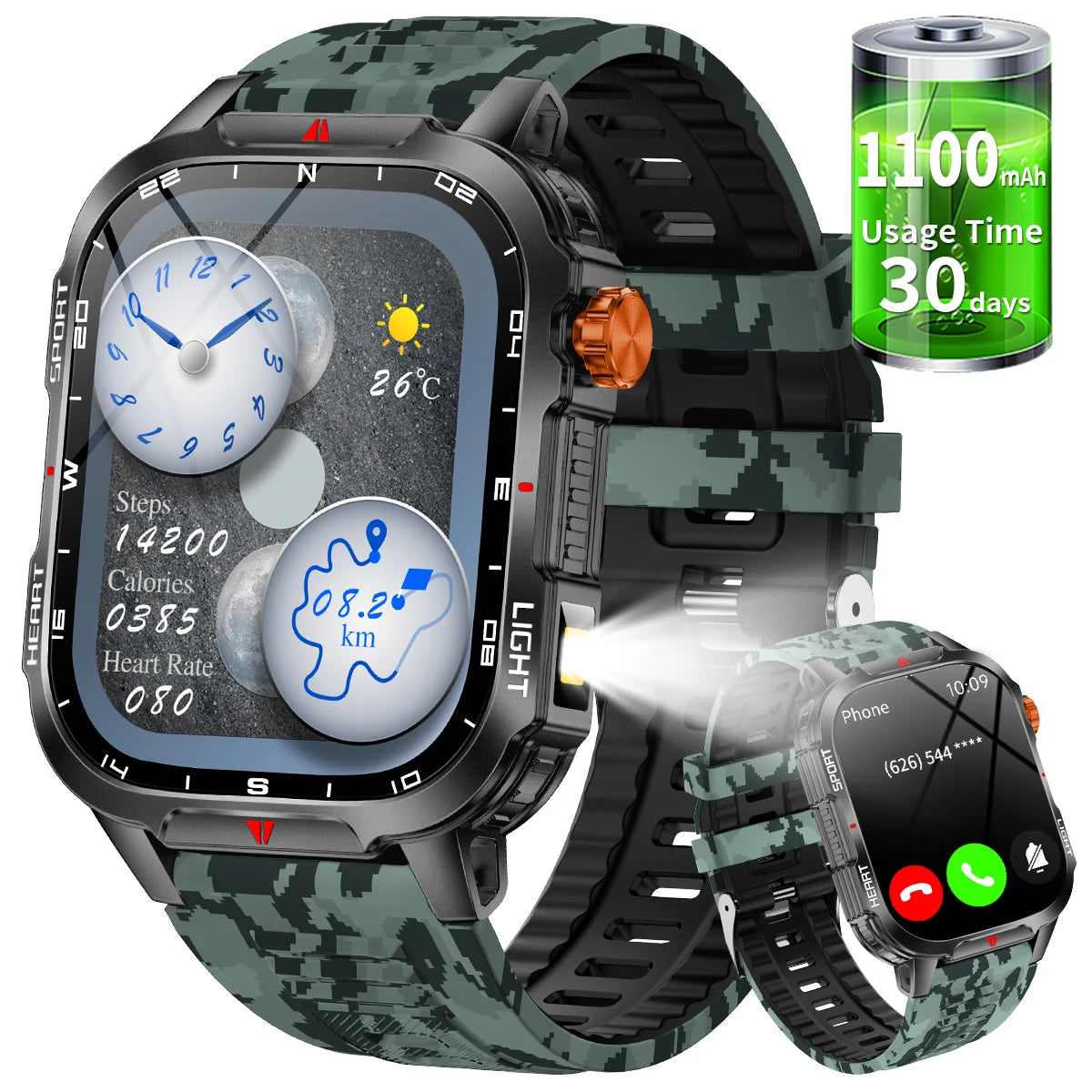 New Global Smartwatch 2.01 Inch 1100mAh Large Battery LED Light Compass Men Outdoor Sport Watch Voice Assistant Wireless Call